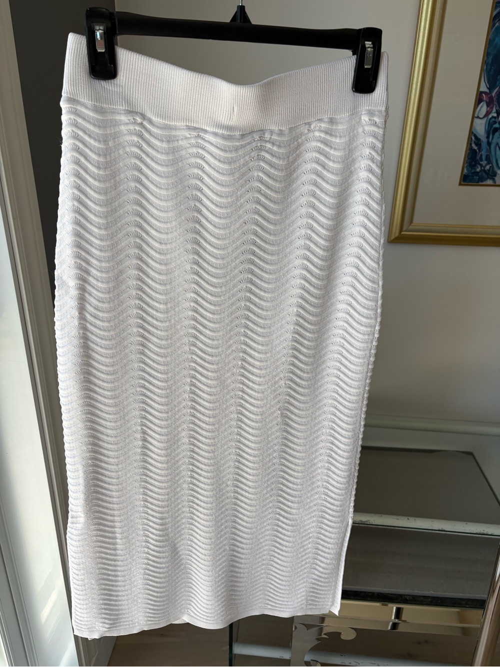 Joseph Ribkoff White Textured Wave Knit Midi Skirt